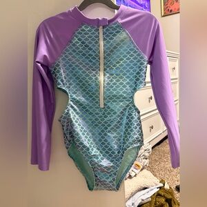 Kids Long Sleeve Mermaid One-Piece Swimsuit - Purple and Aqua
